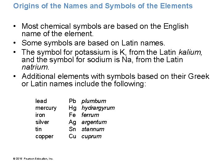 Origins of the Names and Symbols of the Elements • Most chemical symbols are