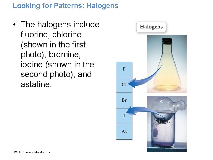 Looking for Patterns: Halogens • The halogens include fluorine, chlorine (shown in the first