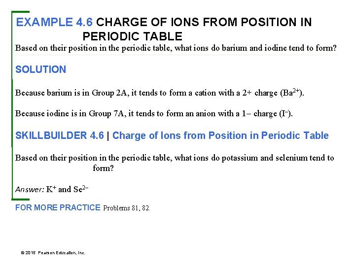 EXAMPLE 4. 6 CHARGE OF IONS FROM POSITION IN PERIODIC TABLE Based on their
