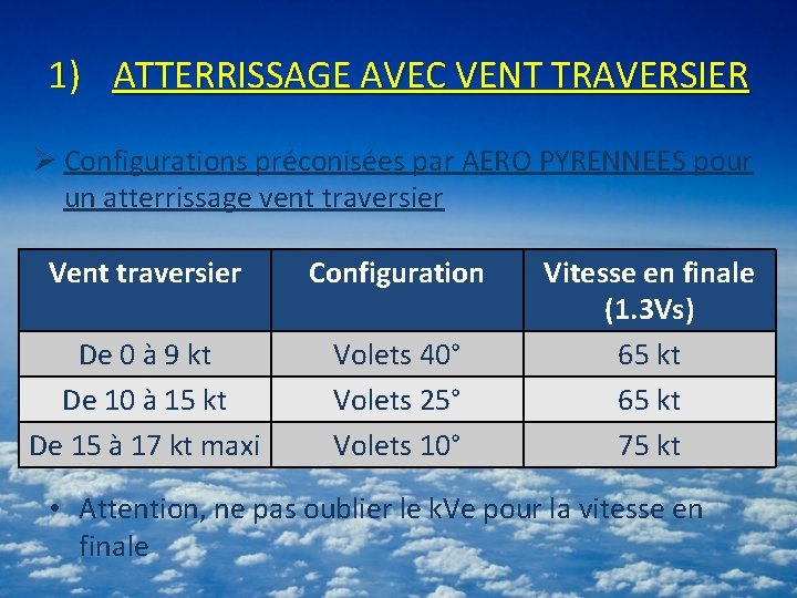 1) ATTERRISSAGE AVEC VENT TRAVERSIER Ø Configurations préconisées par AERO PYRENNEES pour un atterrissage