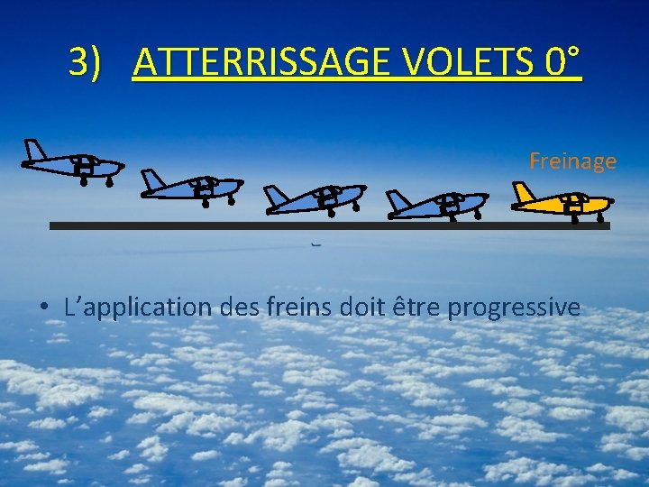 3) ATTERRISSAGE VOLETS 0° Freinage • L’application des freins doit être progressive 