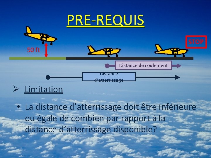 PRE-REQUIS STOP 50 ft Distance de roulement Distance d’atterrissage Ø Limitation • La distance