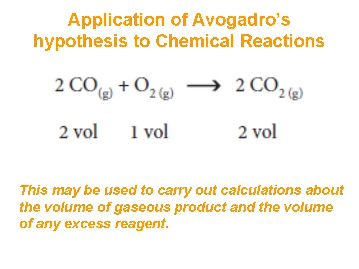 Application of Avogadro’s hypothesis to Chemical Reactions This may be used to carry out