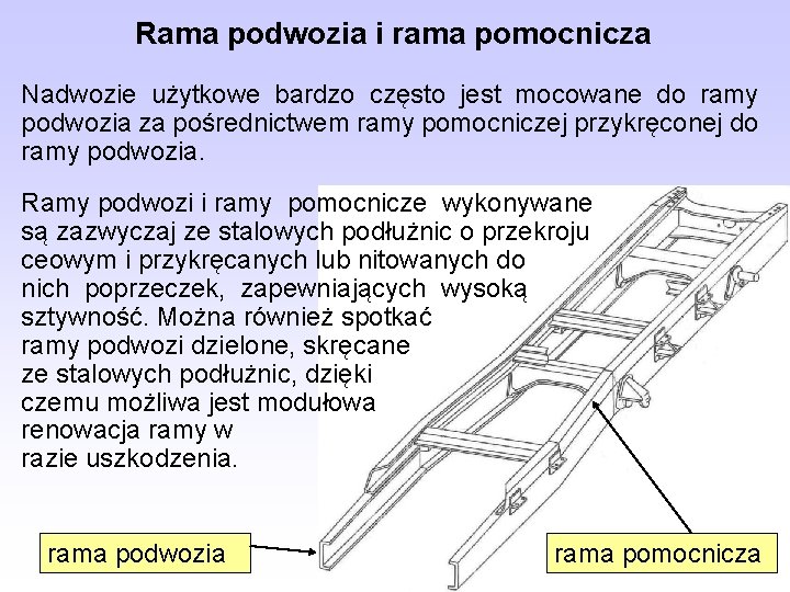 Rama podwozia i rama pomocnicza Nadwozie użytkowe bardzo często jest mocowane do ramy podwozia