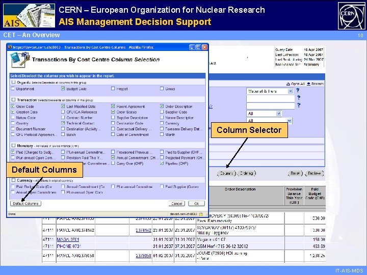 CERN – European Organization for Nuclear Research Administrative AIS Management Information Decision Support Services
