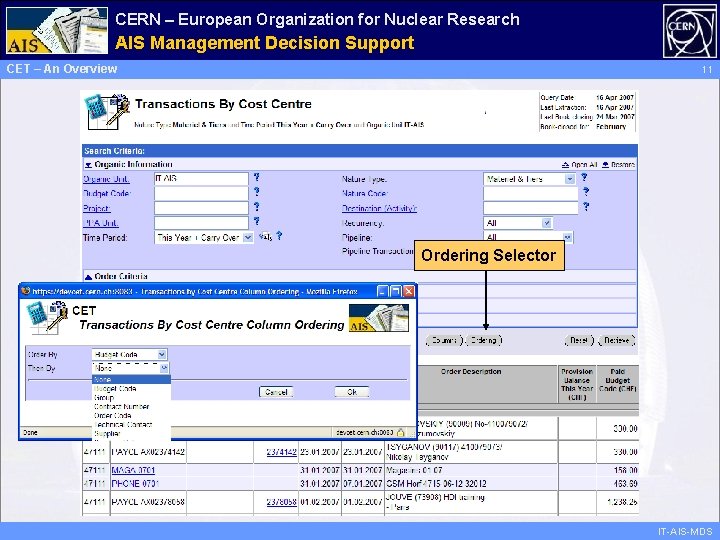 CERN – European Organization for Nuclear Research Administrative AIS Management Information Decision Support Services