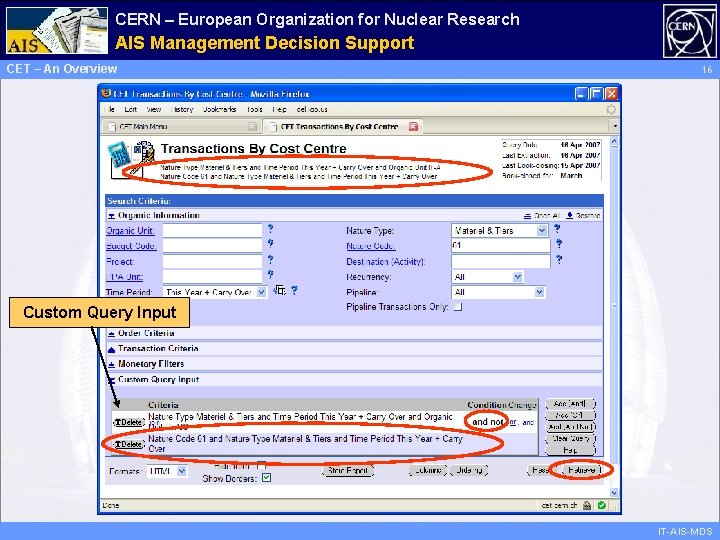 CERN – European Organization for Nuclear Research Administrative AIS Management Information Decision Support Services