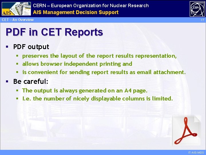 CERN – European Organization for Nuclear Research Administrative AIS Management Information Decision Support Services