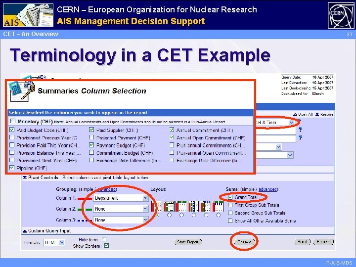 CERN – European Organization for Nuclear Research Administrative AIS Management Information Decision Support Services