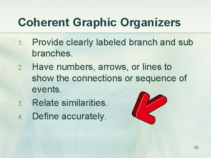 Coherent Graphic Organizers 1. 2. 3. 4. Provide clearly labeled branch and sub branches.