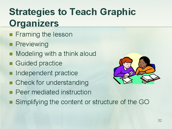 Strategies to Teach Graphic Organizers n n n n Framing the lesson Previewing Modeling
