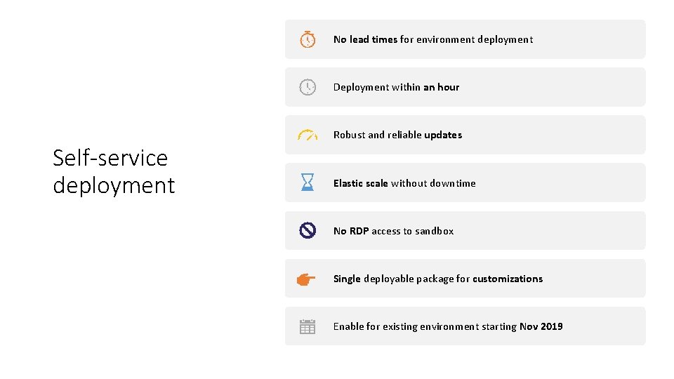 No lead times for environment deployment Deployment within an hour Robust and reliable updates