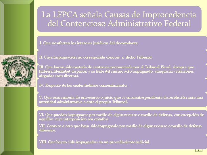 La LFPCA señala Causas de Improcedencia del Contencioso Administrativo Federal I. Que no afecten