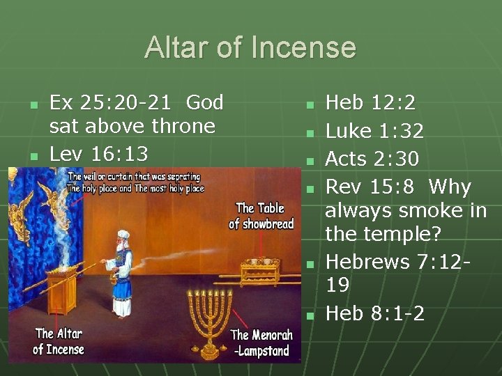 Altar of Incense n n Ex 25: 20 -21 God sat above throne Lev Altar of Incense n n Ex 25: 20 -21 God sat above throne Lev