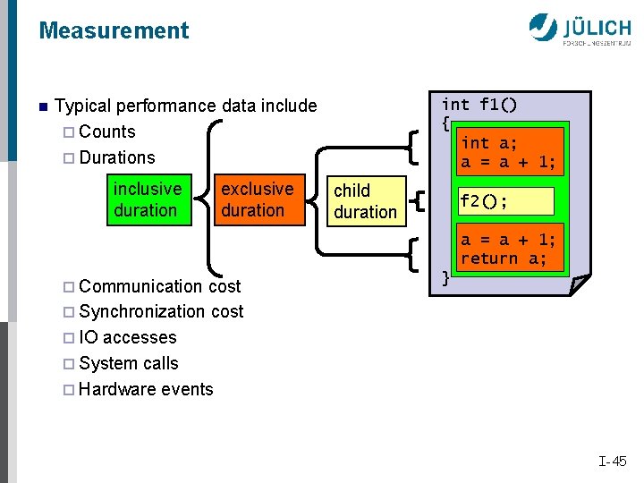 Measurement n Typical performance data include ¨ Counts ¨ Durations inclusive duration exclusive duration