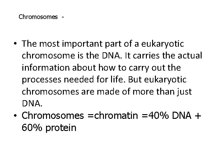 Chromosomes - • The most important part of a eukaryotic chromosome is the DNA. Chromosomes - • The most important part of a eukaryotic chromosome is the DNA.