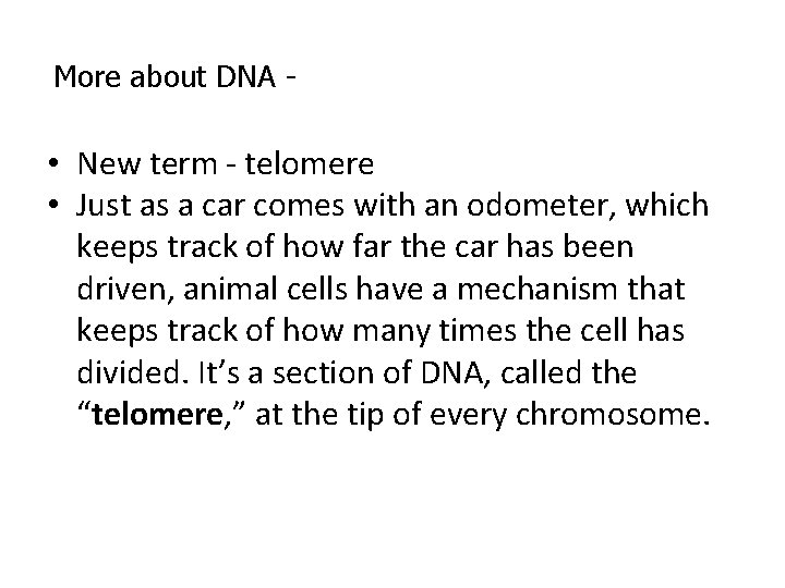 More about DNA - • New term - telomere • Just as a car More about DNA - • New term - telomere • Just as a car
