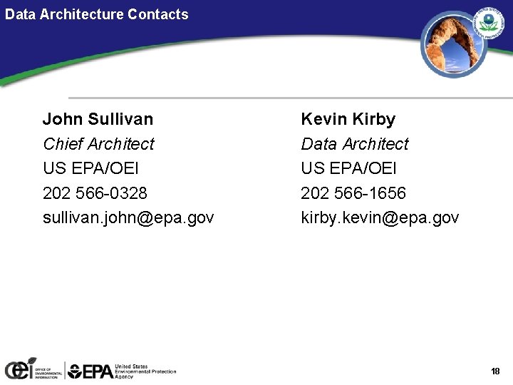 Data Architecture Contacts John Sullivan Chief Architect US EPA/OEI 202 566 -0328 sullivan. john@epa.