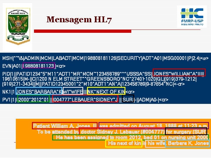 Mensagem HL 7 MSH|^~&|ADMIN|MCM|LABADT|MCM|198808181126|SECURITY|ADT^A 01|MSG 00001|P|2. 4 |<cr> EVN|A 01|198808181123||<cr> PID|1||PATID 1234^5^M 11^ADT 1^MR^MCM~123456789^^^USSSA^SS||JONES^WILLIAM^A^III||