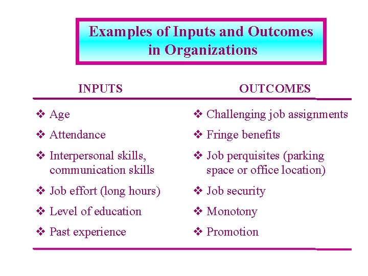 Examples of Inputs and Outcomes in Organizations INPUTS OUTCOMES v Age v Challenging job