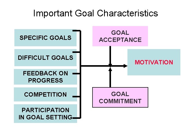 Important Goal Characteristics SPECIFIC GOALS DIFFICULT GOALS GOAL ACCEPTANCE MOTIVATION FEEDBACK ON PROGRESS COMPETITION