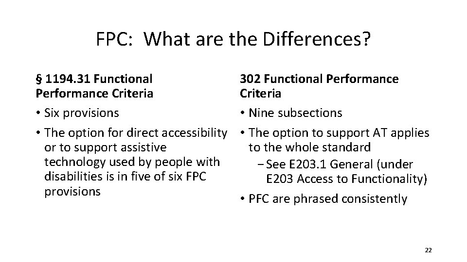 FPC: What are the Differences? § 1194. 31 Functional Performance Criteria • Six provisions