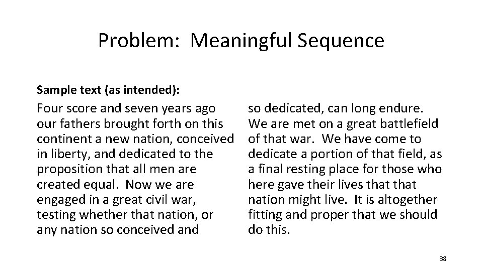 Problem: Meaningful Sequence Sample text (as intended): Four score and seven years ago our