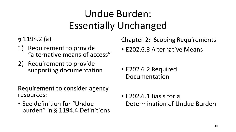 Undue Burden: Essentially Unchanged § 1194. 2 (a) 1) Requirement to provide “alternative means