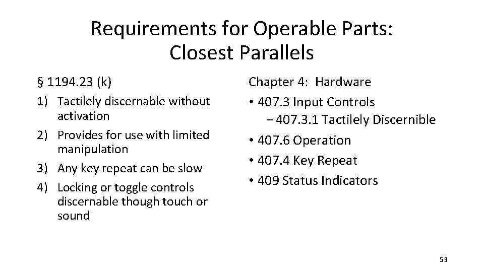 Requirements for Operable Parts: Closest Parallels § 1194. 23 (k) 1) Tactilely discernable without