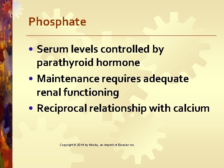 Phosphate • Serum levels controlled by parathyroid hormone • Maintenance requires adequate renal functioning