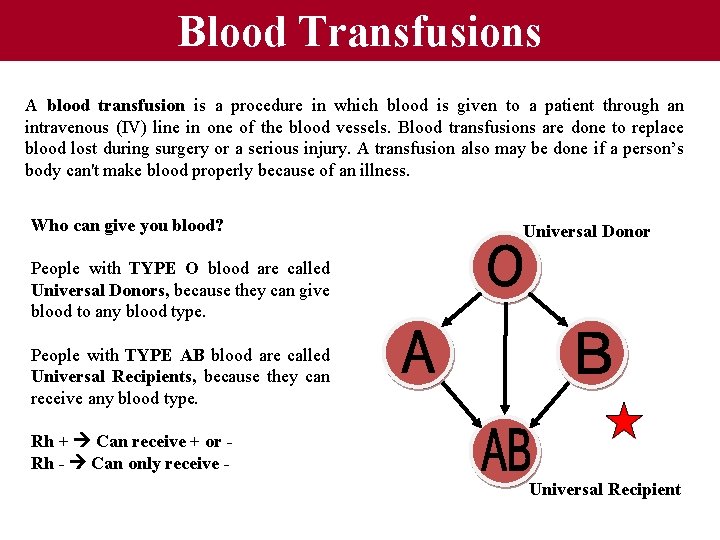 Blood Transfusions A blood transfusion is a procedure in which blood is given to