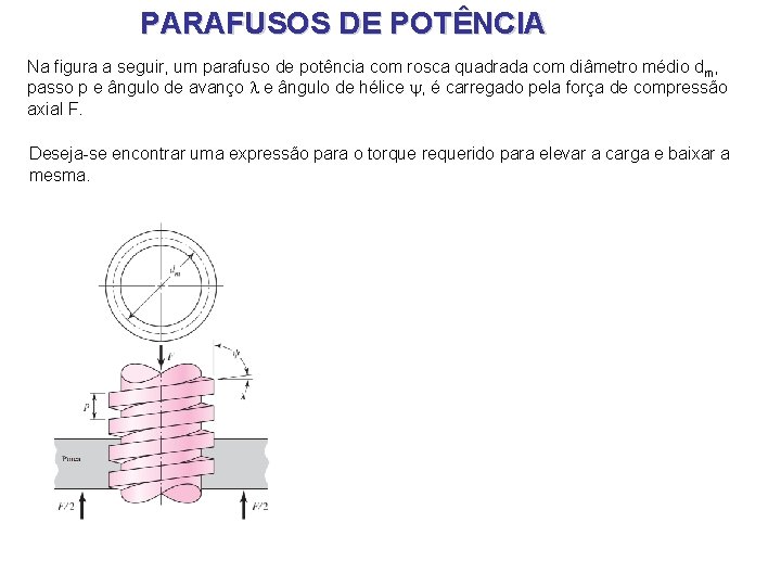 PARAFUSOS DE POTÊNCIA Na figura a seguir, um parafuso de potência com rosca quadrada PARAFUSOS DE POTÊNCIA Na figura a seguir, um parafuso de potência com rosca quadrada