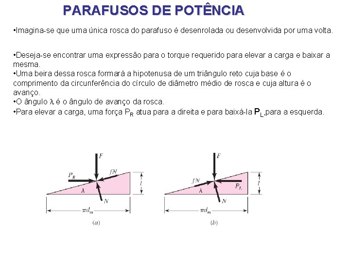 PARAFUSOS DE POTÊNCIA • Imagina-se que uma única rosca do parafuso é desenrolada ou PARAFUSOS DE POTÊNCIA • Imagina-se que uma única rosca do parafuso é desenrolada ou