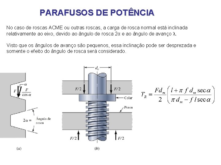 PARAFUSOS DE POTÊNCIA No caso de roscas ACME ou outras roscas, a carga de PARAFUSOS DE POTÊNCIA No caso de roscas ACME ou outras roscas, a carga de