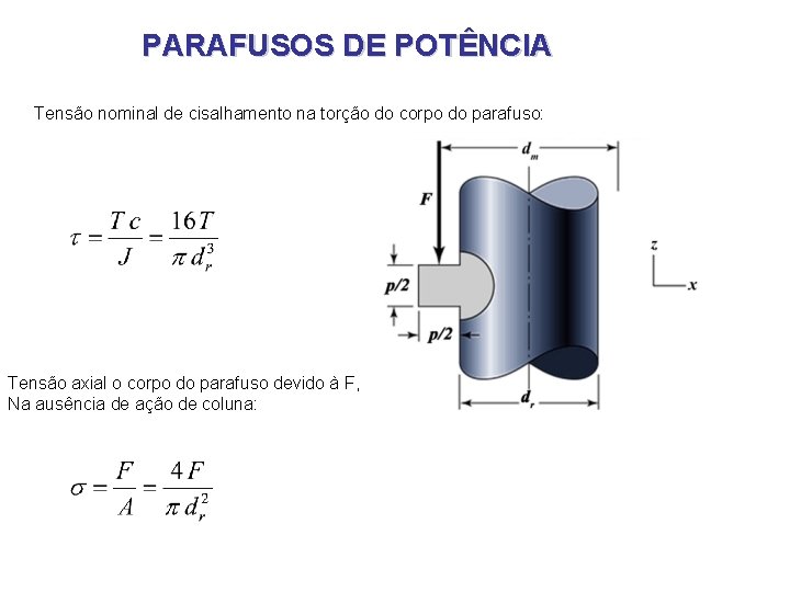 PARAFUSOS DE POTÊNCIA Tensão nominal de cisalhamento na torção do corpo do parafuso: Tensão PARAFUSOS DE POTÊNCIA Tensão nominal de cisalhamento na torção do corpo do parafuso: Tensão