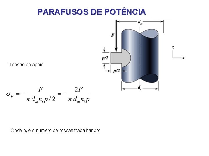 PARAFUSOS DE POTÊNCIA Tensão de apoio: Onde nt é o número de roscas trabalhando: PARAFUSOS DE POTÊNCIA Tensão de apoio: Onde nt é o número de roscas trabalhando: