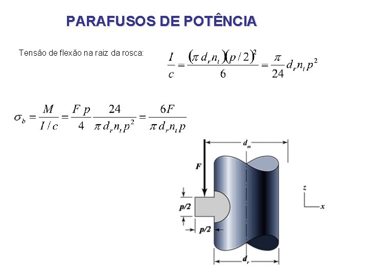 PARAFUSOS DE POTÊNCIA Tensão de flexão na raiz da rosca: PARAFUSOS DE POTÊNCIA Tensão de flexão na raiz da rosca: