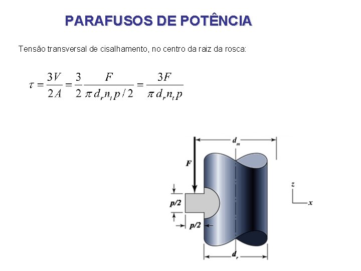 PARAFUSOS DE POTÊNCIA Tensão transversal de cisalhamento, no centro da raiz da rosca: PARAFUSOS DE POTÊNCIA Tensão transversal de cisalhamento, no centro da raiz da rosca: