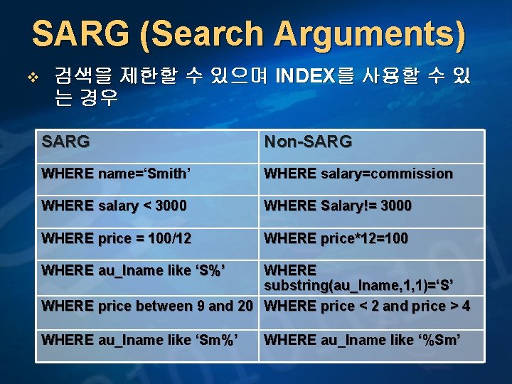 SARG (Search Arguments) v 검색을 제한할 수 있으며 INDEX를 사용할 수 있 는 경우