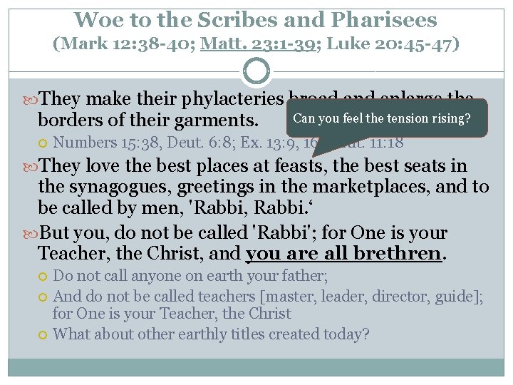 Woe to the Scribes and Pharisees (Mark 12: 38 -40; Matt. 23: 1 -39;