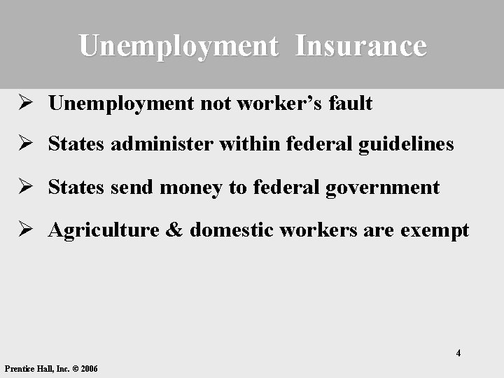 Unemployment Insurance Ø Unemployment not worker’s fault Ø States administer within federal guidelines Ø Unemployment Insurance Ø Unemployment not worker’s fault Ø States administer within federal guidelines Ø