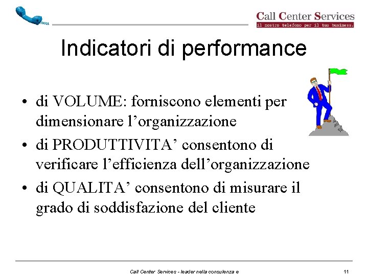 Indicatori di performance • di VOLUME: forniscono elementi per dimensionare l’organizzazione • di PRODUTTIVITA’ Indicatori di performance • di VOLUME: forniscono elementi per dimensionare l’organizzazione • di PRODUTTIVITA’