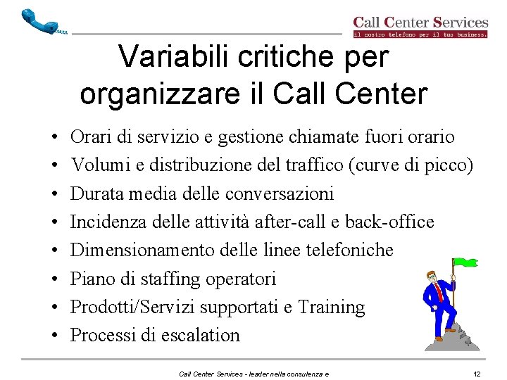 Variabili critiche per organizzare il Call Center • • Orari di servizio e gestione Variabili critiche per organizzare il Call Center • • Orari di servizio e gestione