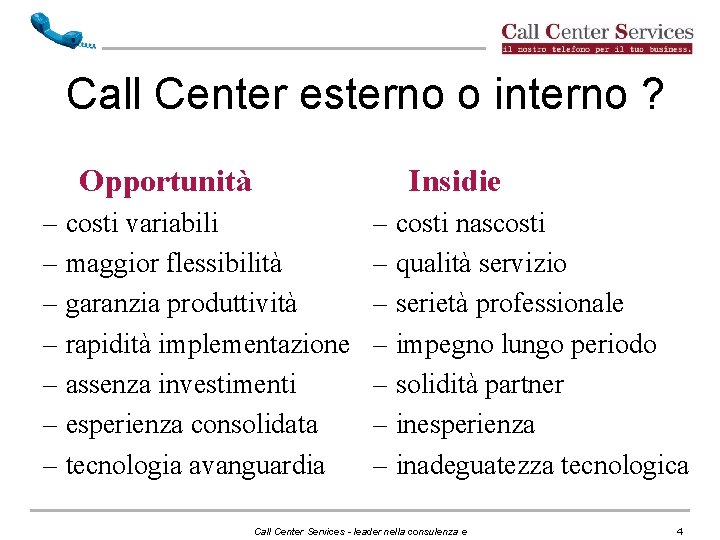 Call Center esterno o interno ? Opportunità Insidie – costi variabili – maggior flessibilità Call Center esterno o interno ? Opportunità Insidie – costi variabili – maggior flessibilità