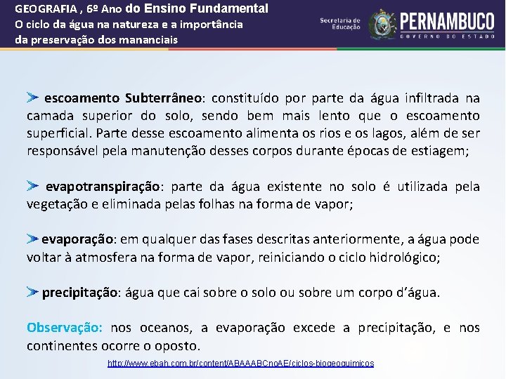 GEOGRAFIA , 6º Ano do Ensino Fundamental O ciclo da água na natureza e