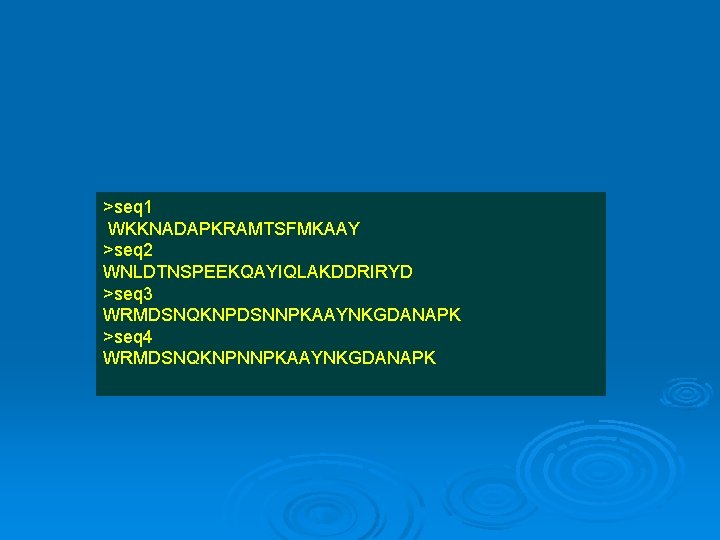 >seq 1 WKKNADAPKRAMTSFMKAAY >seq 2 WNLDTNSPEEKQAYIQLAKDDRIRYD >seq 3 WRMDSNQKNPDSNNPKAAYNKGDANAPK >seq 4 WRMDSNQKNPNNPKAAYNKGDANAPK 