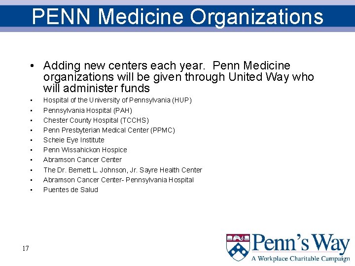 PENN Medicine Organizations • Adding new centers each year. Penn Medicine organizations will be