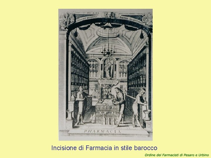 Incisione di Farmacia in stile barocco 