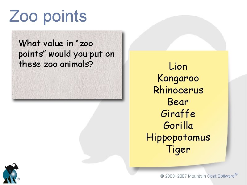 Zoo points What value in “zoo points” would you put on these zoo animals?