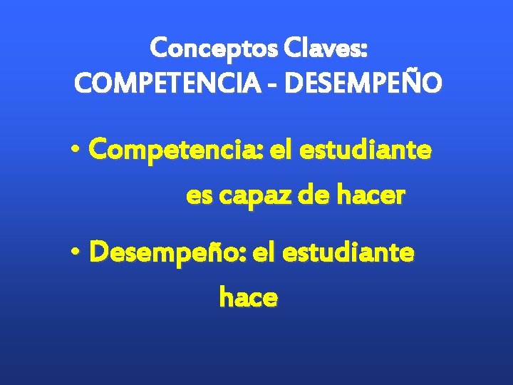 Conceptos Claves: COMPETENCIA - DESEMPEÑO • Competencia: el estudiante es capaz de hacer • Conceptos Claves: COMPETENCIA - DESEMPEÑO • Competencia: el estudiante es capaz de hacer •